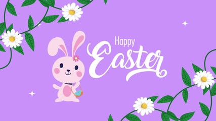 Sticker - happy easter animated card with rabbit and flowers