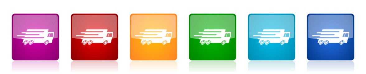 Poster - Speed transport icon set, fast delivery, truck colorful square glossy vector illustrations in 6 options for web design and mobile applications