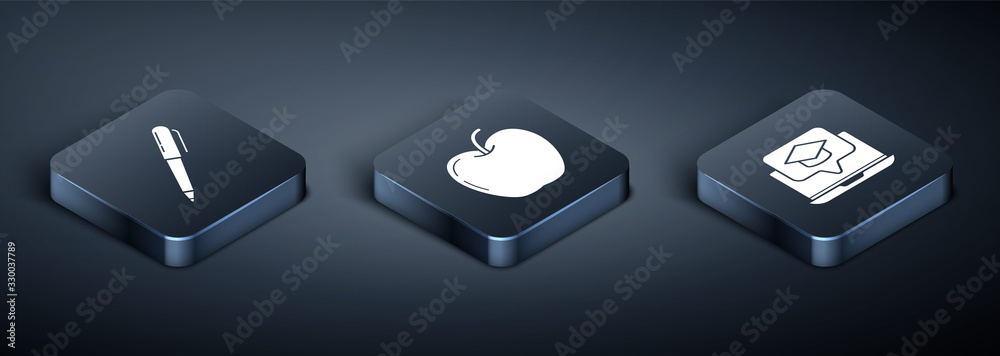 Set Isometric Pen, Graduation cap on screen laptop and Apple icon ...