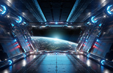 Blue And Red Futuristic Spaceship Interior With Window View On Planet Earth 3d Rendering