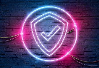 Wall Mural - web security neon icon illuminating a brick wall with blue and pink glowing light 3d rendering
