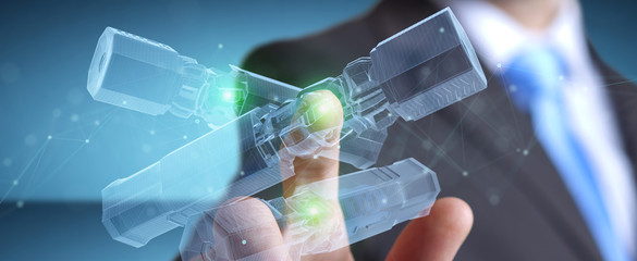 Poster - Man holding and touching green renewable energy battery 3D rendering