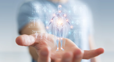 Poster - Man using digital x-ray human body holographic scan projection 3D rendering