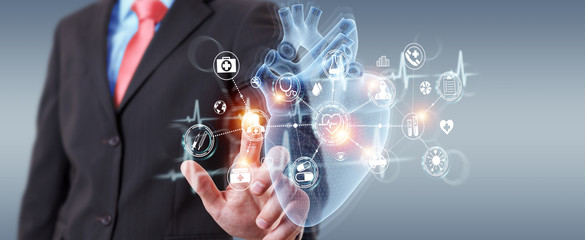 Poster - Man using digital x-ray of human heart holographic scan projection 3D rendering