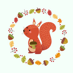 Wall Mural - Vector illustration cartoon squirrel with wreath made of autumn leaves and berries. Hello autumn background.