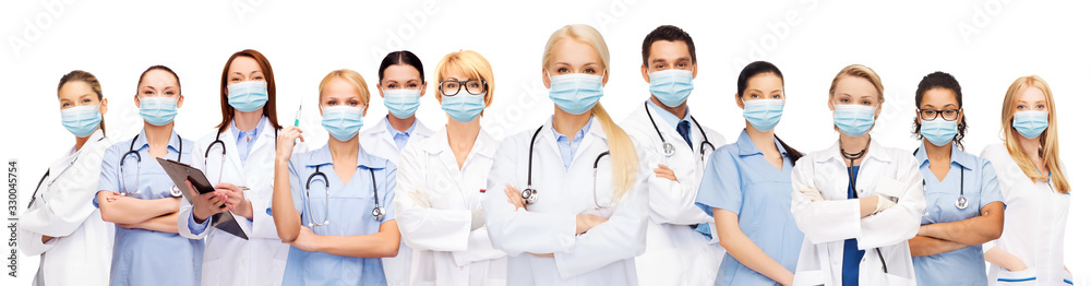 health, medicine and pandemic concept - doctors and nurses wearing protective medical masks on white background - obrazy, fototapety, plakaty 
