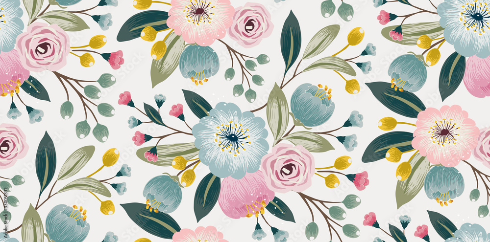  Vector illustration of a seamless floral pattern with spring flowers. Lovely floral background in sweet colors  - obrazy, fototapety, plakaty 