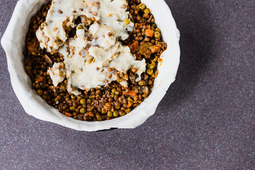 vegan shepherd's pie with lentils and mash potatoes in the making