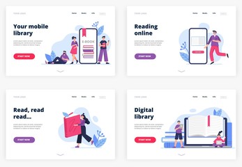 Fototapete - Set of illustrations on e-books and reading themes. Boys and girls study online, read paper or electronic books on their devices. Flat Vector good for libraries, apps, landing pages, stores, schools.