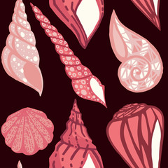 Wall Mural - seamless pattern big different seashell collection red tropical shells flat vector illustration on w
