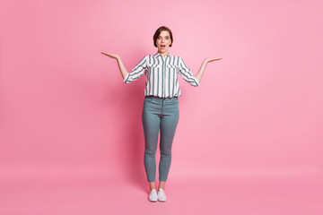 Poster - Full length photo of amazed crazy funky girl promoter hold hand display promo demonstrate adverts scream wow omg wear stylish clothes isolated over pink color background