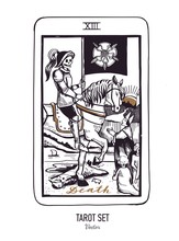 Vector Hand Drawn Tarot Card Deck. Major Arcana Death. Engraved Vintage Style. Occult, Spiritual And Alchemy Symbolism