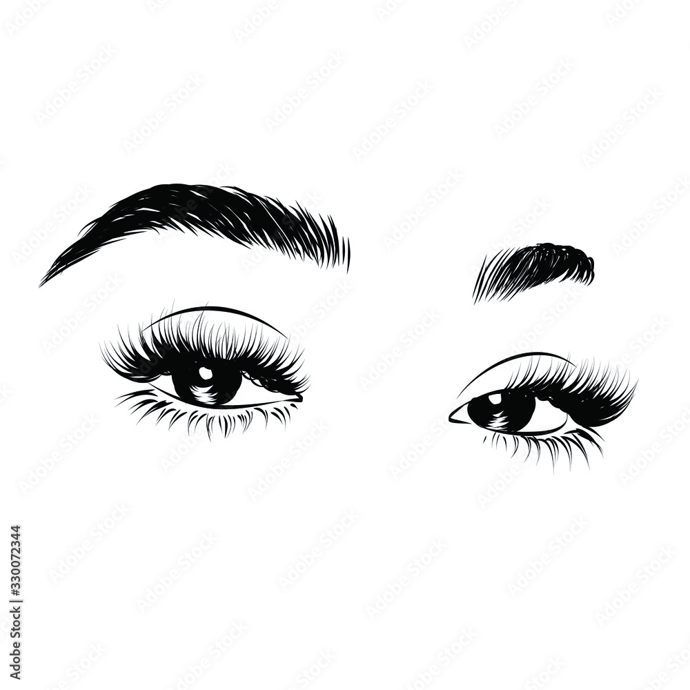 Fashion illustration of the eye with long full lashes. Hand drawn ...