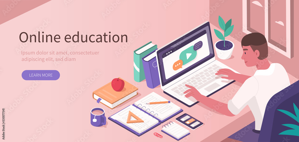 Student Learning Online at Home. Character Sitting at Desk, Looking at Laptop and Studying with  Smartphone, Books and Exercise Books. Online Education Concept. Flat Isometric Vector  Illustration. - obrazy, fototapety, plakaty 