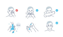 Infographic Steps How Prevent Respiratory Diseases. Correct Couching And Sneezing, Cleaning Hands With Antiseptic Gel, Wearing Mask. Virus And Infection Prevention. Flat Cartoon Vector Illustration.