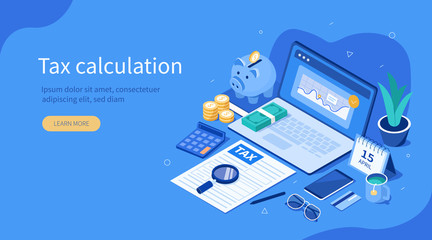 Poster - office desk with documents for tax calculation. finance report with graph charts. calendar show tax 