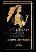 Hand Drawn Watercolor Birthday Party Invitation With Golden Frame And Woman. Vintage Card Template, Jewel Imitation. Art Deco And Art Nouveau Elements. Great Gatsby Party Poster Or Flyer.