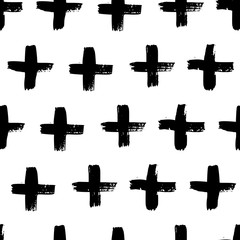 Wall Mural - Plus signs and crosses seamless pattern of brush strokes. Vector monochrome grunge texture from X.