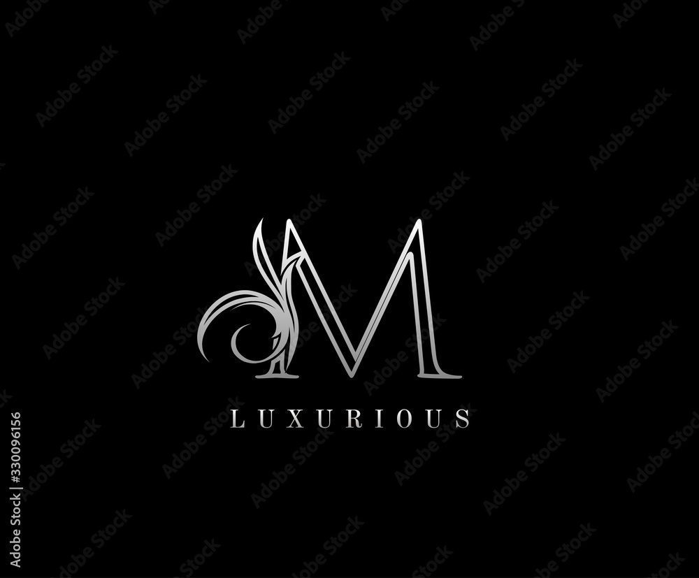 Initial M letter silver luxury beauty flourishes vintage monogram logo ...