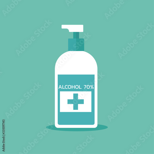 Fotomural alcohol liquid pump bottle for hygiene, medical use, vector flat illustration