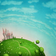 Green texture background with planet Earth and garden and road to the castle