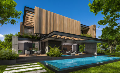 Wall Mural - 3d rendering of modern cozy house with parking and pool for sale or rent with wood plank facade and beautiful landscaping on background. Clear sunny summer day with blue sky.