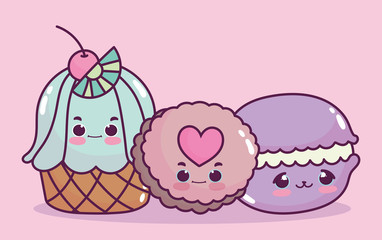 Sticker - cute food cupcake cookie and macaroon sweet dessert pastry cartoon