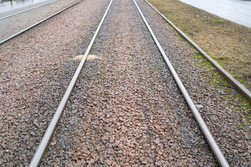 Tram rails. Two iron bands on the stones.