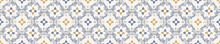 Seamless Ornate Medallion Border Pattern In French Cream Linen Shabby Chic Style. Hand Drawn Floral Damask Bordure. Old White Blue Background.  Interior Home Decor Edging. Ornate Flourish Ribbon Trim