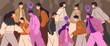 Crowd of people wearing face masks. Men, women, teens use virus preventive measures. Infected persons among healthy. Coronavirus pandemic, epidemic disease. Colorful illustration in flat cartoon style
