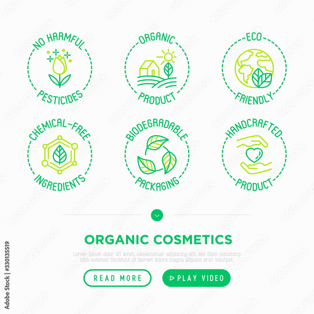 Organic cosmetics thin line icons set. Signs: no harmful pesticides, organic product, eco friendly, chemical-free ingredients, biodegradable packaging, handcrafted product. Modern vector illustration. - obrazy, fototapety, plakaty 