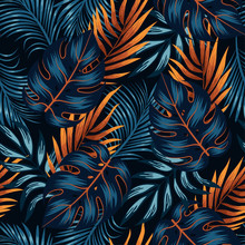 Botanical Seamless Tropical Pattern With Bright Yellow And Blue Plants And Leaves On A Black Background. Jungle Leaf Seamless Vector Floral Pattern Background.  Beautiful Exotic Plants. 