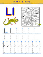 Tracing Letter L For Study Alphabet. Printable Worksheet For Kids. Education Page For Coloring Book. Developing Children Skills For Writing And Tracing ABC. Vector Cartoon Image For School Textbook.