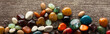 Top view of fortune telling stones on wooden surface, panoramic shot