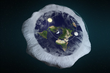 3d illustration rendering. flat earth theory with atmosphere, sun, moon and glass cover. ancient myt