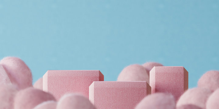 Minimal background for branding and product presentation. Pink fabric podium with pink cloud and blue background. 3d rendering illustration.