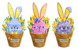 Watercolor easter eggs with bunny ears on a background of spring flowers in pots. Stripes, dots and lines are drawn on the eggs. Hand drawn pink, blue and purple egg with cute rabbit faces.