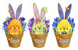 Watercolor easter eggs with bunny ears on a background of beautiful spring flowers in pots. Stripes, dots and lines are drawn on the eggs. Hand drawn yellow, orange and green egg with rabbit faces.