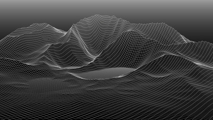 Poster - Vector wireframe 3d landscape. Technology grid illustration. Network of connected dots and lines. Futuristic background.