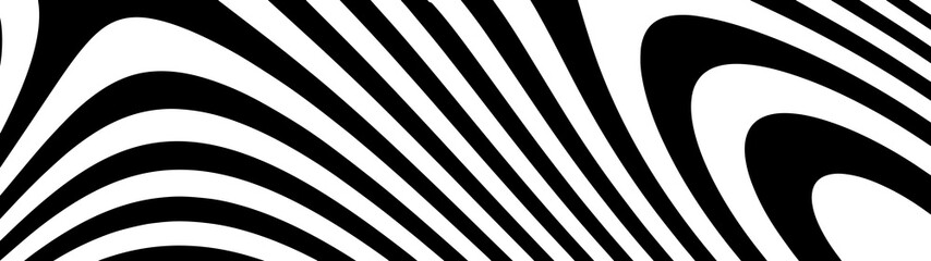 Poster - Abstract wave of white and black curved lines. Hallucination. Optical illusion. Twisted illustration. Futuristic background of lines. Dynamic wave. Vector.