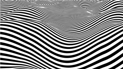 Poster - Abstract wave of white and black curved lines. Hallucination. Optical illusion. Twisted illustration. Futuristic background of lines. Dynamic wave. Vector.