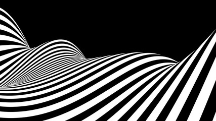 Poster - Abstract wave of white and black curved lines. Hallucination. Optical illusion. Twisted illustration. Futuristic background of lines. Dynamic wave. Vector.