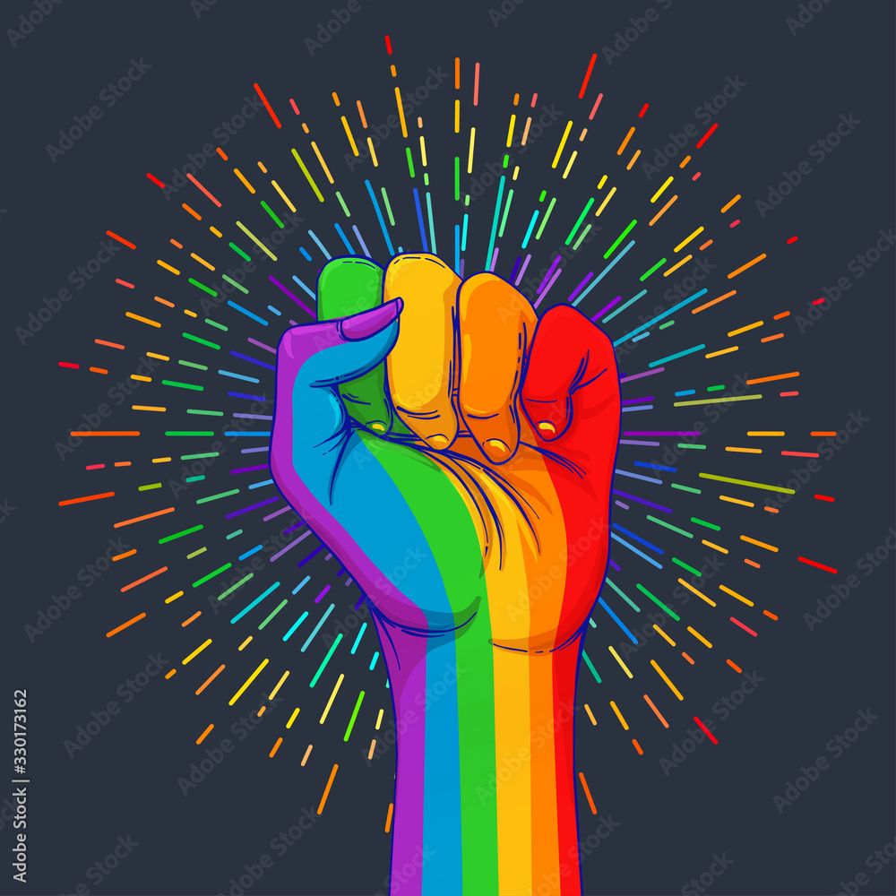 Rainbow colored hand with a fist raised up. Gay Pride. LGBT concept ...