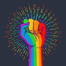 Rainbow Colored Hand With A Fist Raised Up. Gay Pride. LGBT Concept. Realistic Style Vector Colorful Illustration. Sticker, Patch, T-shirt Print, Logo Design.