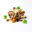 Concetto vegetariano e cibo sano. Varietà di funghi marinati su fondo bianco. Vista dall'alto, copy space.