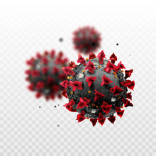 COVID-19 Chinese Coronavirus Under The Microscope On A Transparent Background. Realistic Vector 3d Illustration. Pandemic, Disease. Floating China Pathogen Respiratory Influenza Covid Virus Cells