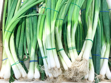 Photo Of Green Onion Background. Healthy Fresh Food Background.