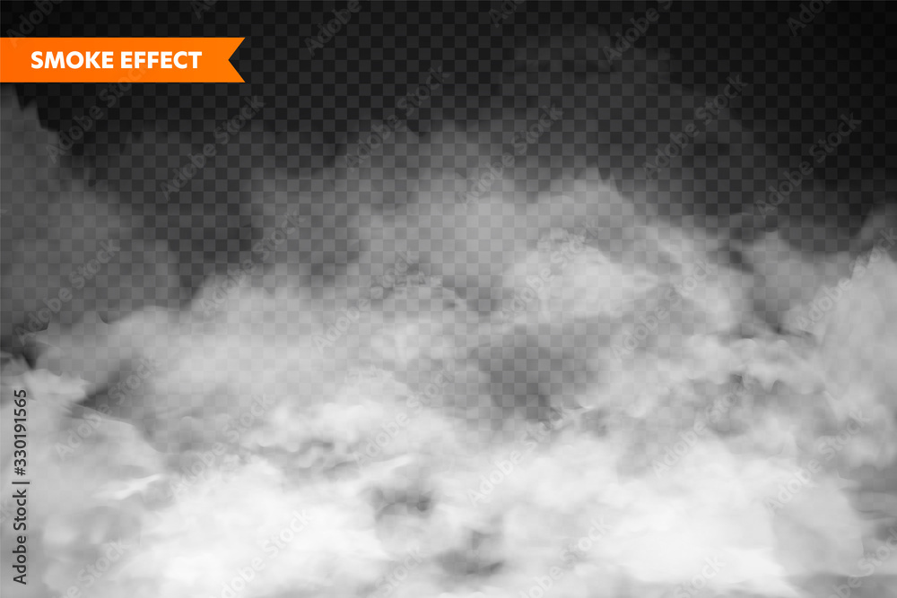  Realistic fog, mist effect. Smoke isolated on transparent background. Vector vapor in air, steam flow. Clouds. - obrazy, fototapety, plakaty 