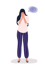 Full length front portrait of sad woman, standing and crying, trying to run away from the problems in her life. Her twisted thoughts in the bubble. Vector flat image isolated on white