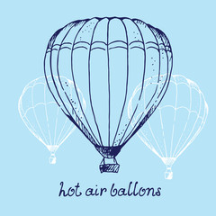 Poster - Hot air ballons hand drawn vector illustration, isolated on blue sky background